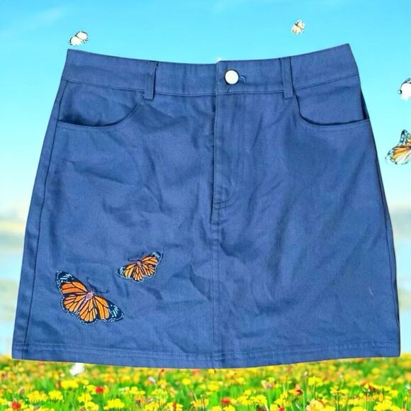 Frida Kahlo x Shein Blue Mini Skirt Women’s Small Butterfly Embroidery NWT - Picture 1 of 4